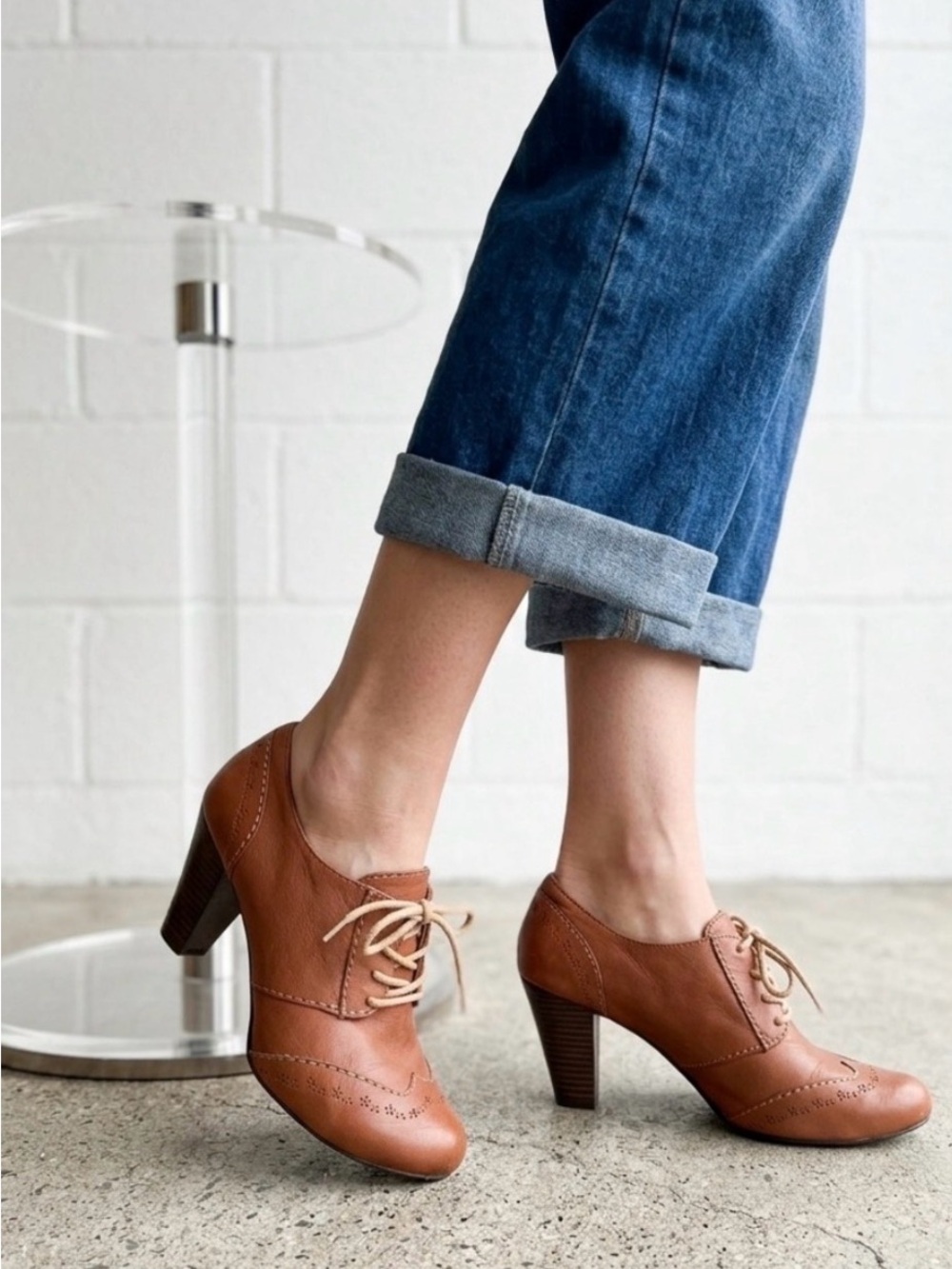 Fossil Cognac Brown Leather Wingtip Lace-Up Heels